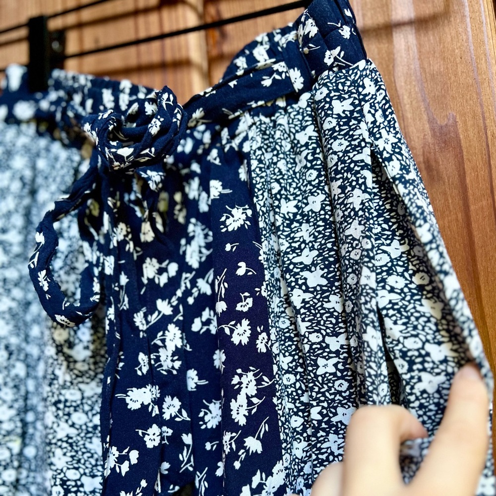 MELLODAY Floral Maxi Skirt Navy Ivory floral Tie, Pockets,